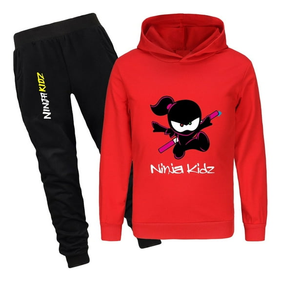 Kids Ninja Kidz Sweatshirt and Pants Set – Boys Girls 2-Piece Hoodie Outfit Cartoon Tracksuit for Daily Wear or Sports
