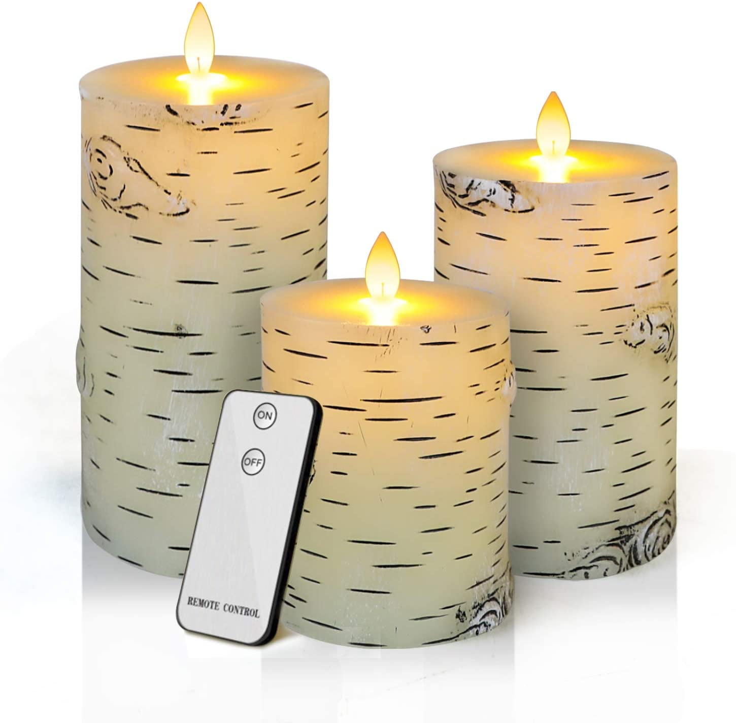 Flameless LED Candles Flickering Birch Bark Unscented Pillar 100 Hours Moving Flame 4&quot; 5&quot; 6&quot; Set