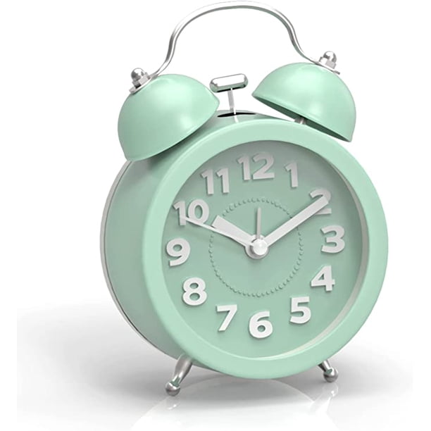 Mini reloj despertador analógico retro de 3 pulgadas sin tictac para niños con luz de fondo, sin repetición, funciona con batería, campana fuerte para personas que duermen mucho, verde menta sin bate JAMW Sencillez