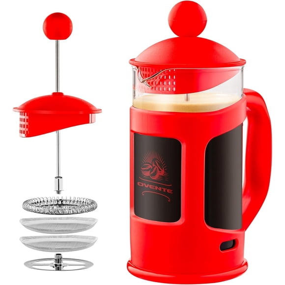 OVENTE Cafetera de prensa francesa de 12 onzas, vidrio de borosilicato resistente al calor con sistema de acero inoxidable de 4 filtros, jarra portátil sin BPA, perfecta para preparación fría y calien