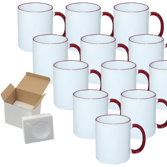 Mugsie 12 Pcs 11OZ Dark Red Rim & Handle Sublimation Mugs With Foam Support Boxes