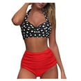 thumbnail image 2 of Women Vintage Swimsuit Two Piece Retro Halter Ruched High Waist Print Bikini Set, 2 of 5