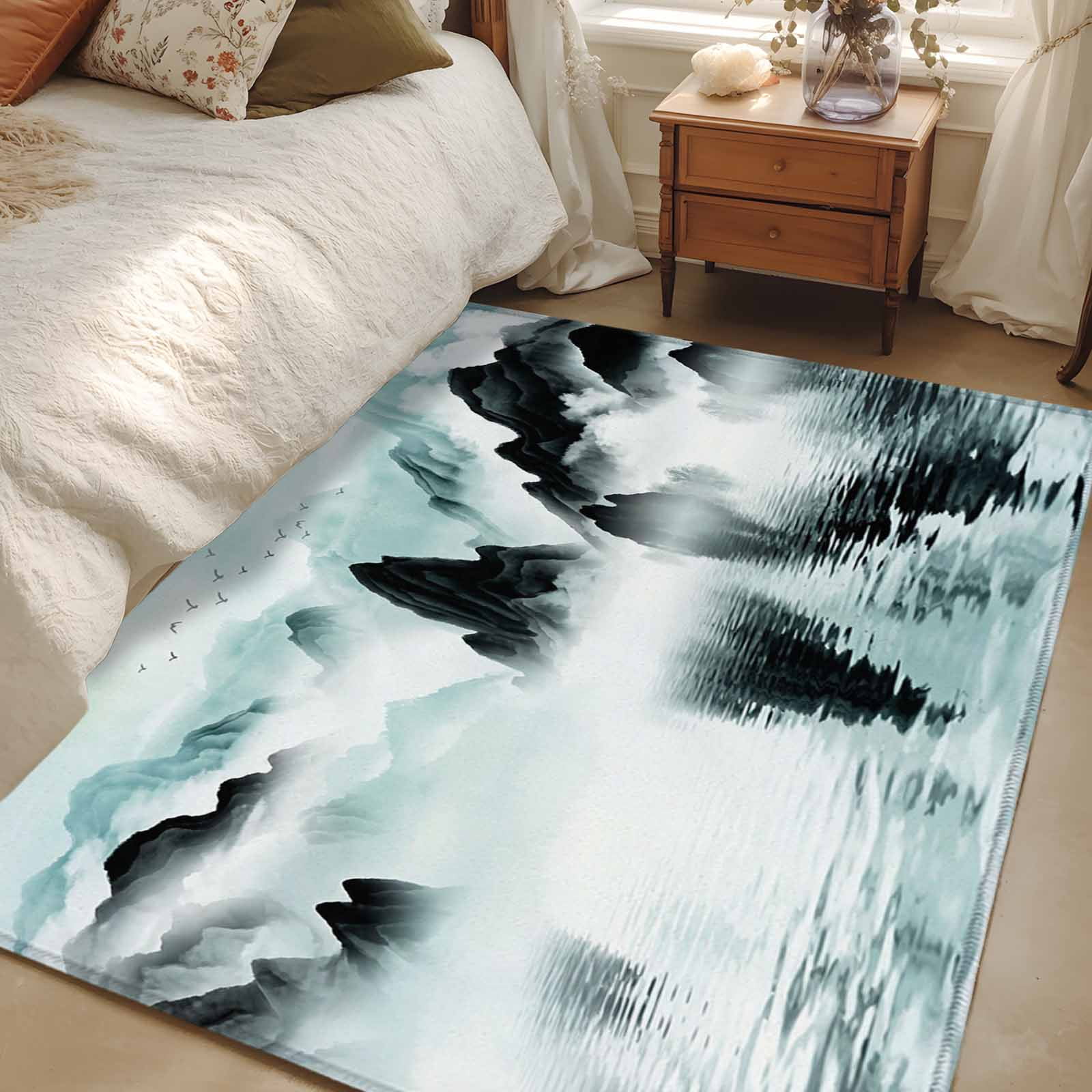 Rectangle Rug 4x6ft Area Rug Ink Painting Mountains Lake Surface Area Rugs for Living Room Bedroom Chinese Style Floor Mat Non-Slip Non-Shedding Carpet Indoor Accent Rugs