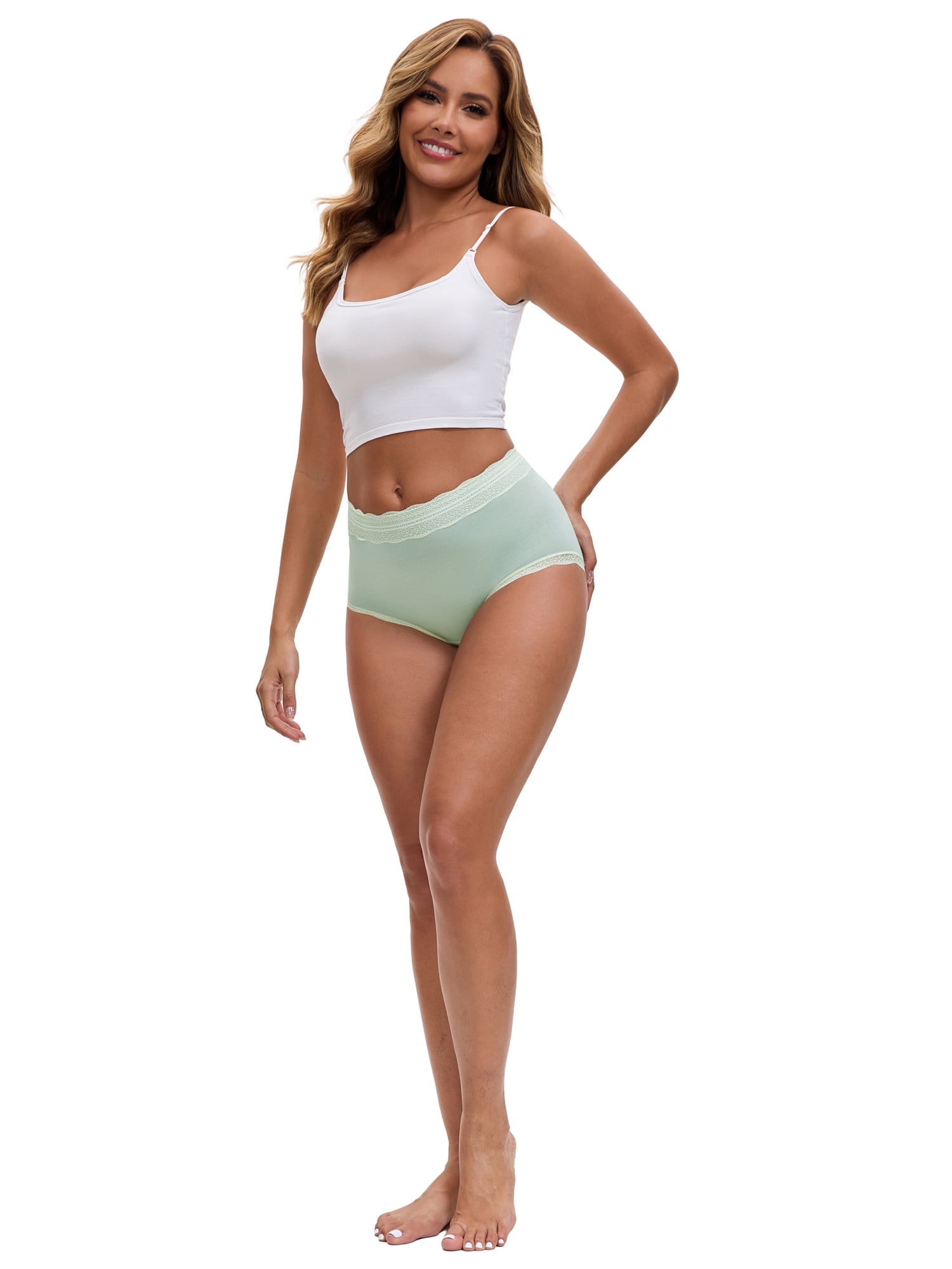 DARING DIVA Women's High Waisted Lace Trim Briefs Full Coverage Panties S Dark Green