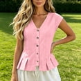thumbnail image 5 of ClodeEU Women's V Neck Button Cap Sleeve Peplum Blouse,Solid Fitted Casual Top Pink,Women's Plus M, 5 of 9