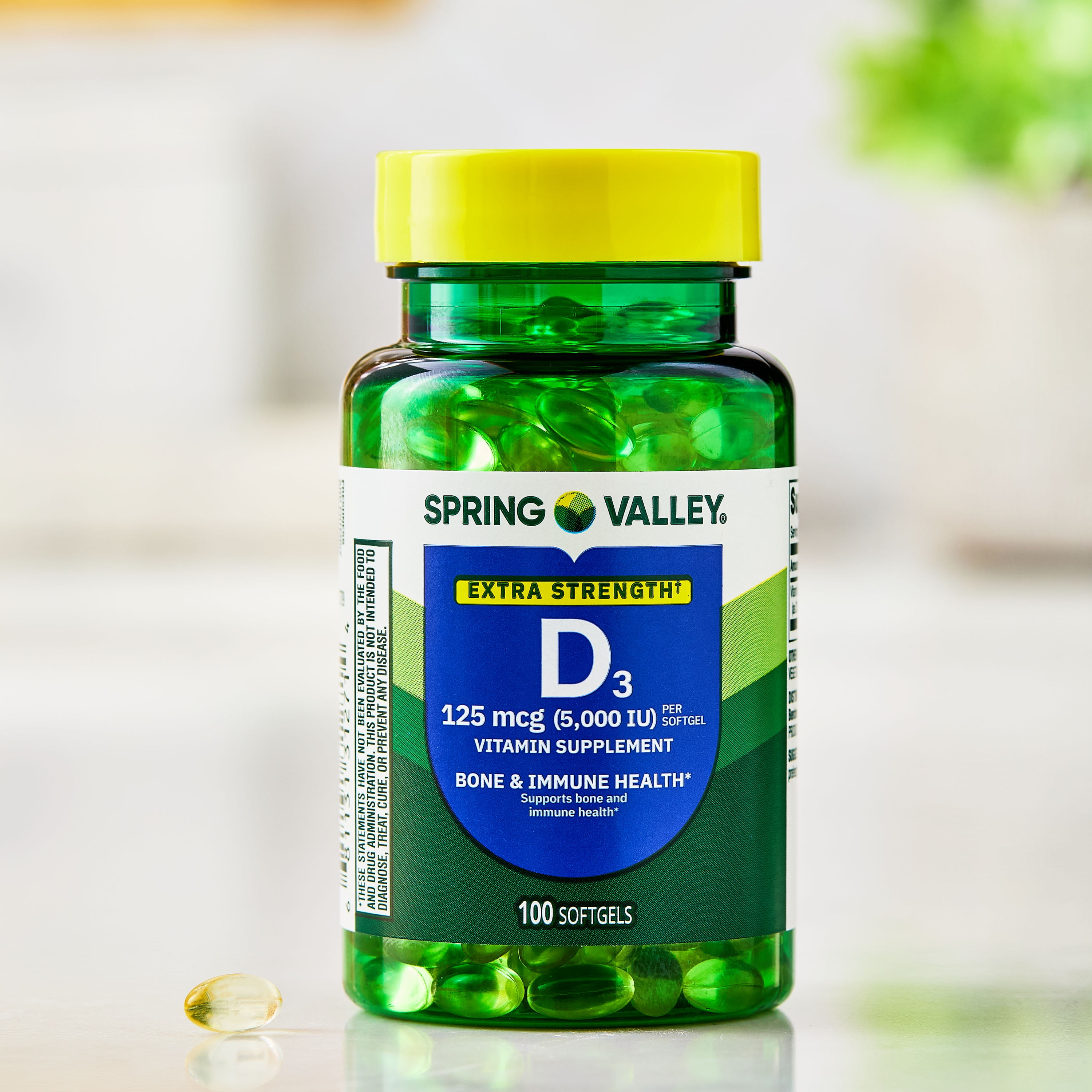 Spring Valley Extra Strength Vitamin D3 Softgels, 125 mcg (5000 IU), 100 Count, Supplement for Bone and Immune Health