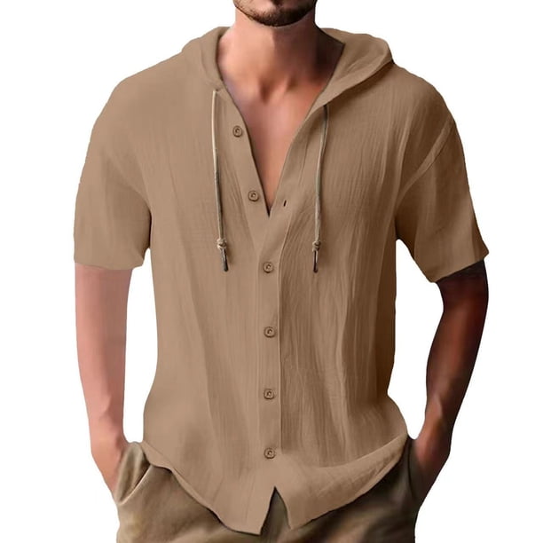 Camisa Elvqul para Hombre Economicas Manga Corta sin Estampado Marrón Cuello Redondo