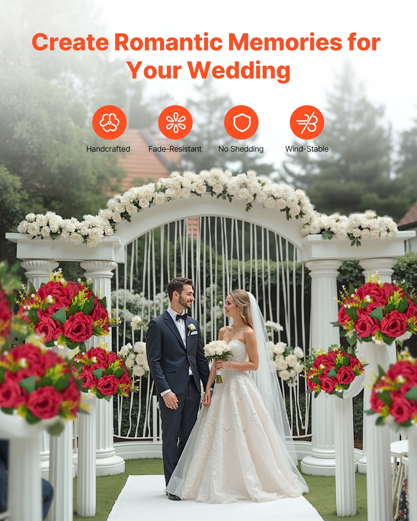 VEVOR Flower Balls Arrangement Bouquet 10 PCS, 9.5-Inch Wedding Red Roses Centerpieces, Fake Flowers Kissing Balls Decor Artificial Floral Arrangements Flower Bouquet for Home Party Table Decorations