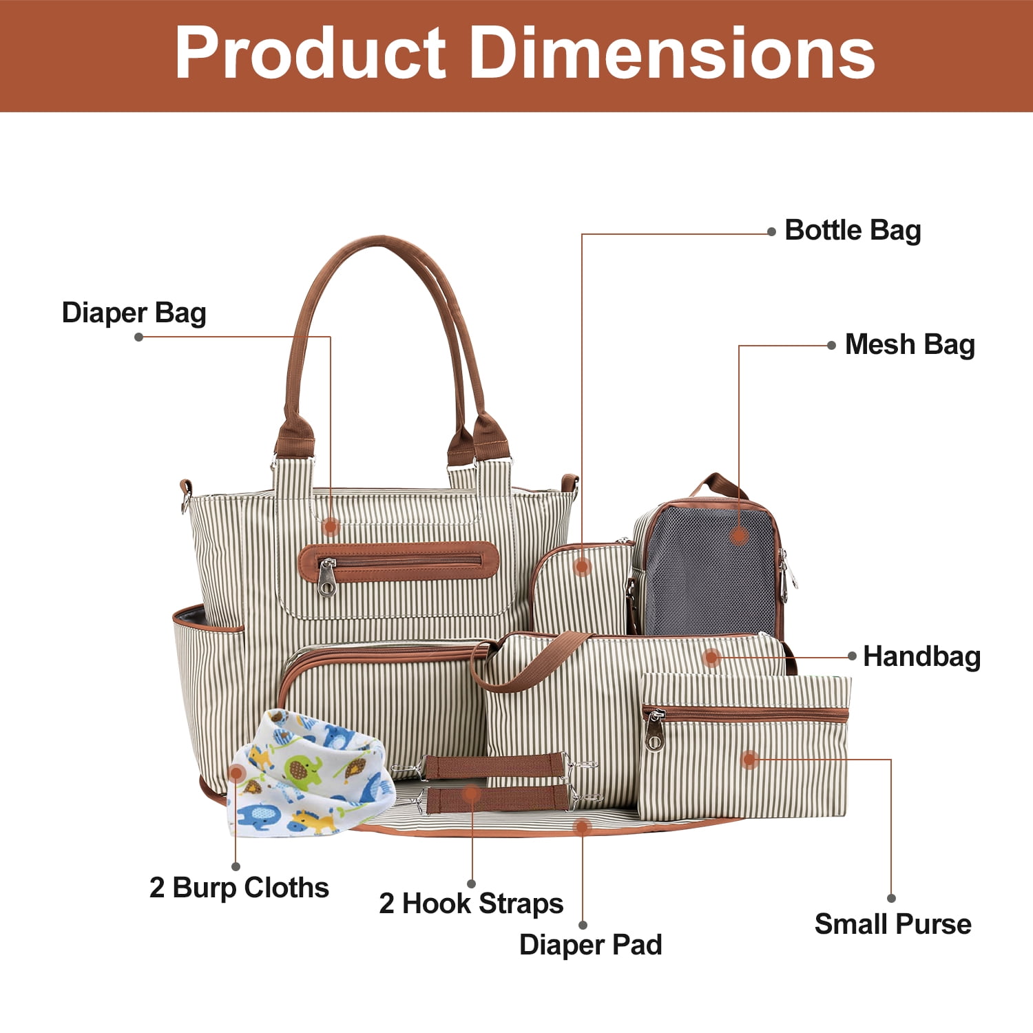 8Pcs Baby Nappy Diaper Bags  Large Multifunctional Nappy Diaper Bags Set Diaper Pad Burp Cloths Khaki