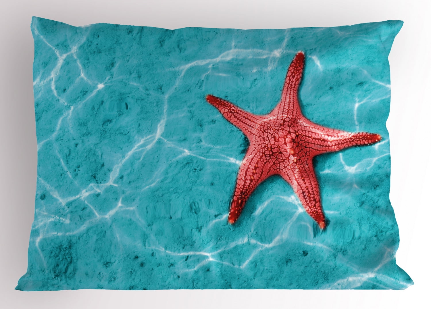 Starfish Pillow Sham Red Starfish in the Vibrant Blue Water Sun Rays
