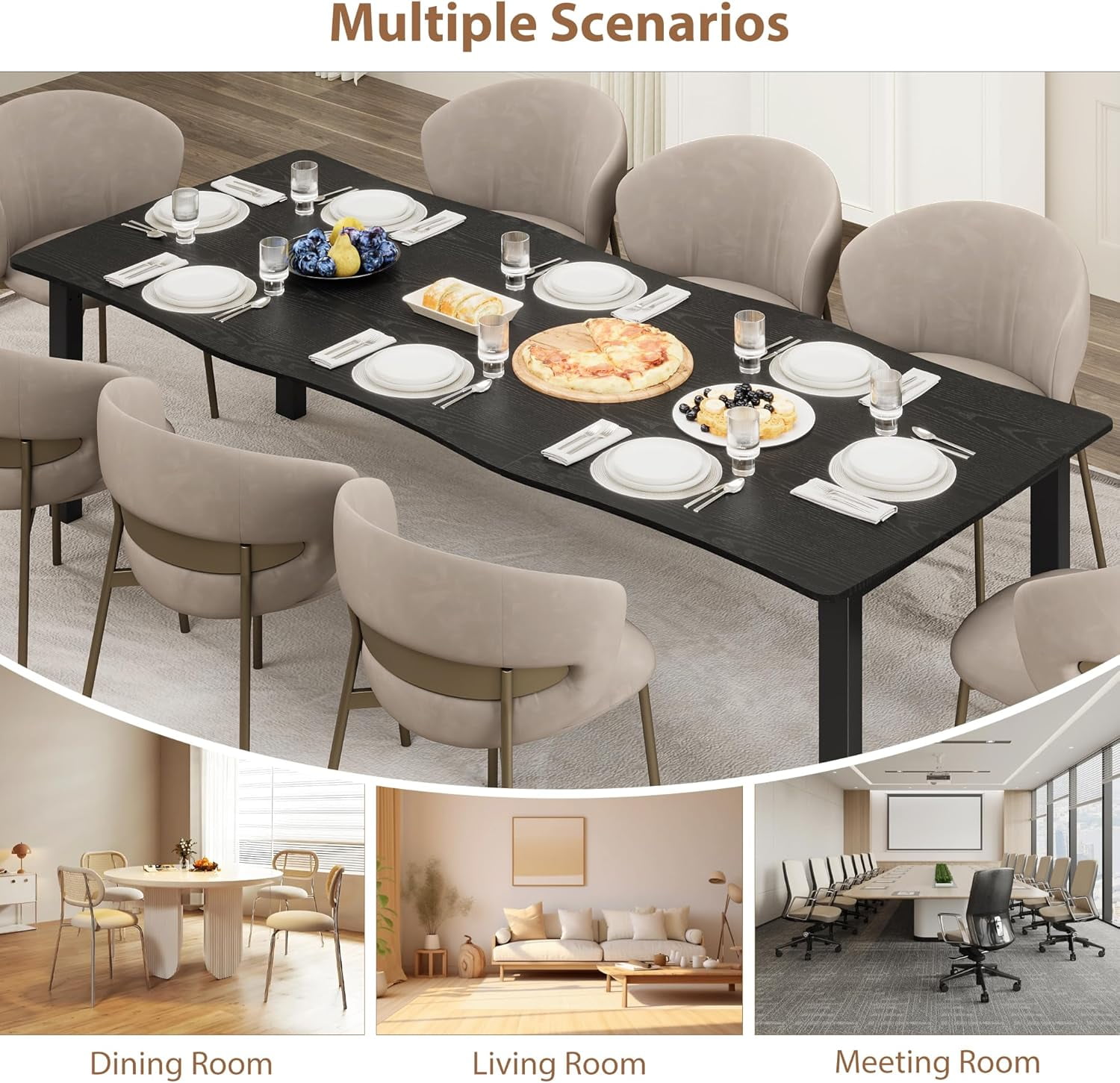 Dining Table for 6-8 People, Rustic Wave Irregular Edge Table with Thick MDF Top & Metal Frame, Waterproof Scratch-Resistant, Versatile for Dining/Work/Study, Black