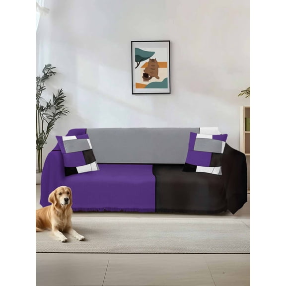 Purple Grey Sofa Covers for 2-3 Cushion Couch L-Shaped Sectional, Modern Purple Geometric Washable Sofa Covers Slipcover for Living Room Furniture, Couch Cover Blanket 71"x134"