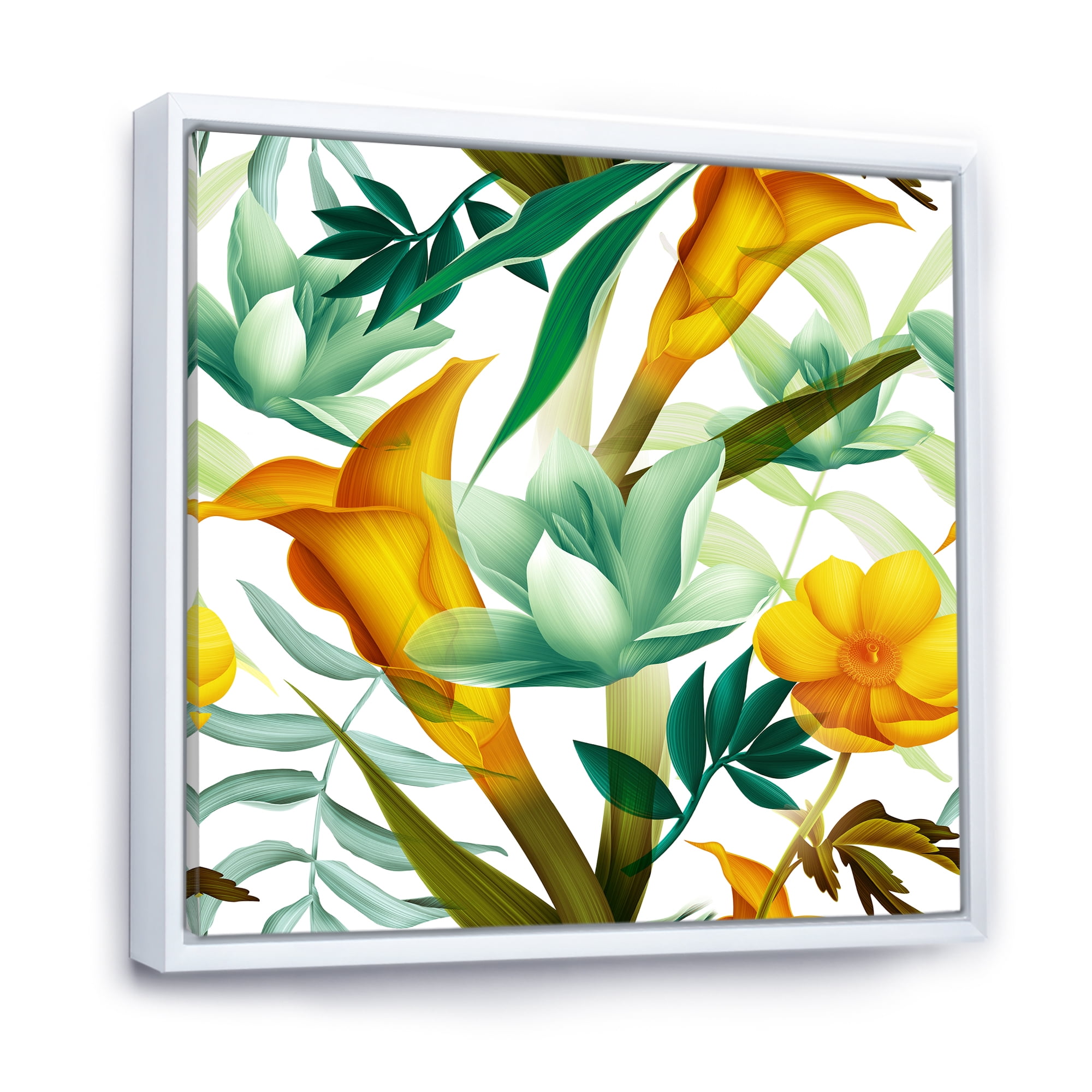 Designart 'Yellow Flowers and Tropical Foliage III' Modern Framed Canvas Wall Art Print