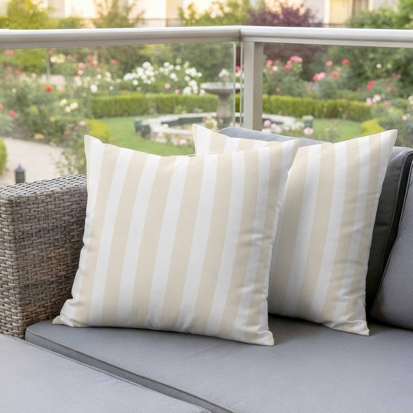 Cream and Outdoor Pillow Covers 18"x18" Set of 2, White Striped Geometric Waterproof Throw Pillow Covers for Patio Furniture, Decorative Cushion Covers for Porch