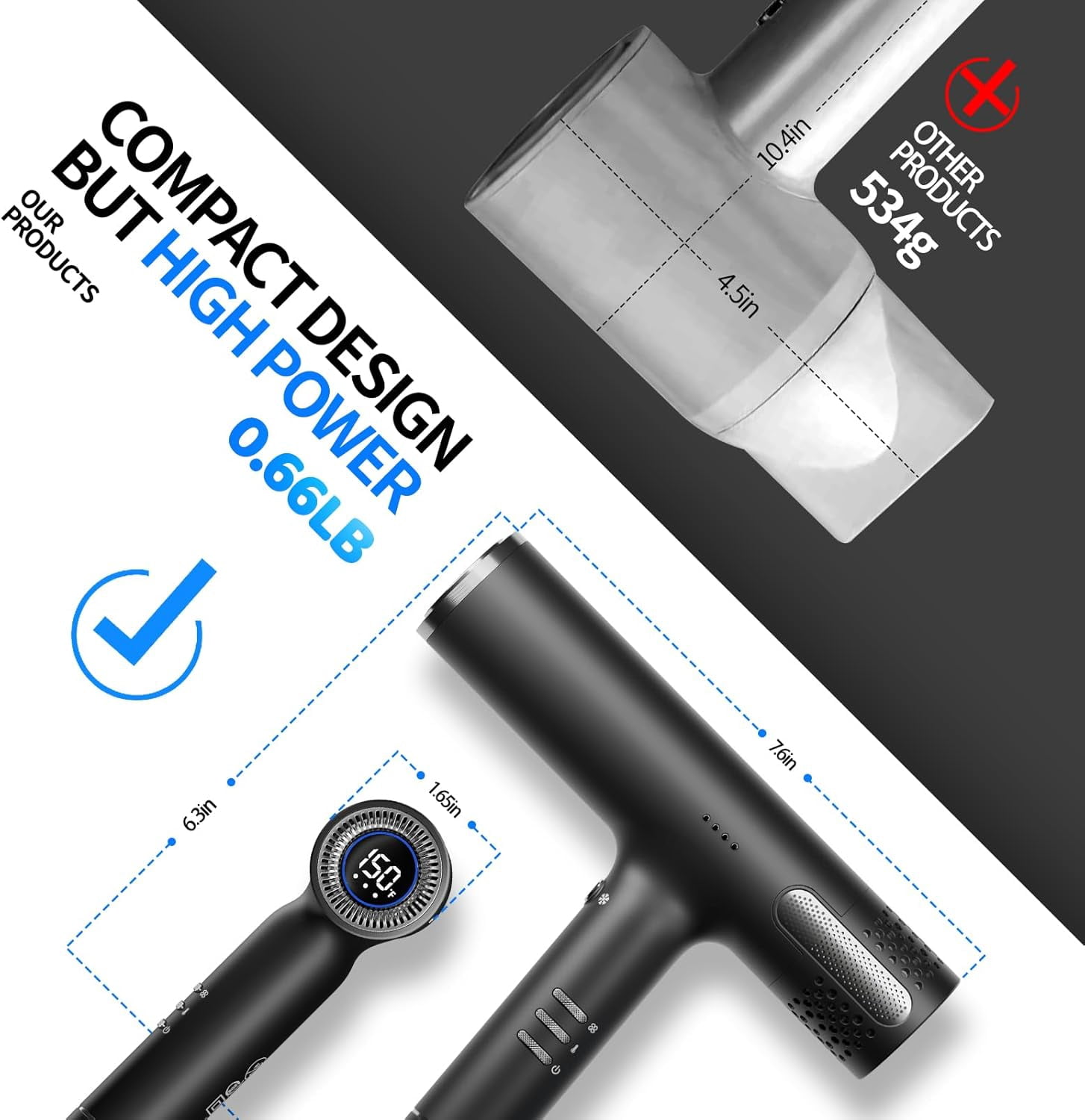 Hair Dryer with Diffuser, Professional Ionic Blow Dryer with High Speed Brushless Motor, Compact Design for Fast Drying, Intelligent Heat, Airflow Control with LED Display for All Hair Types