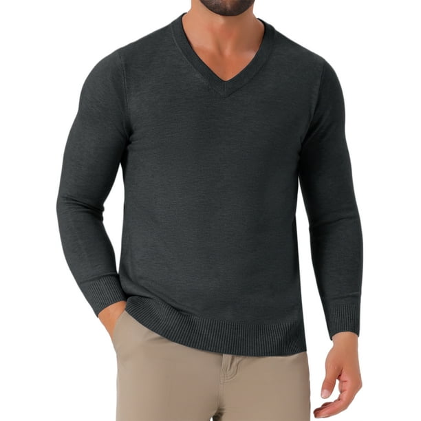 SUÉTER DE PULLOVER DE PUNTO DE COLOR SÓLIDO DE MANGA LARGA PARA HOMBRE V-CUELLO M NEGRO GRIS