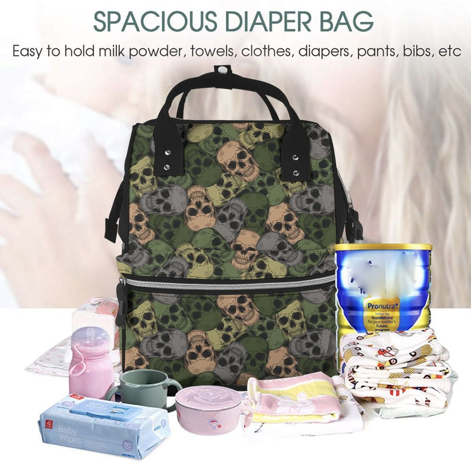 Fuzoiu Camouflage Skulls Print Diaper Bag Backpack,Baby Essentials Travel Tote,Multi function Waterproof Diaper Bag, Travel Essentials Baby Bag - Unisex