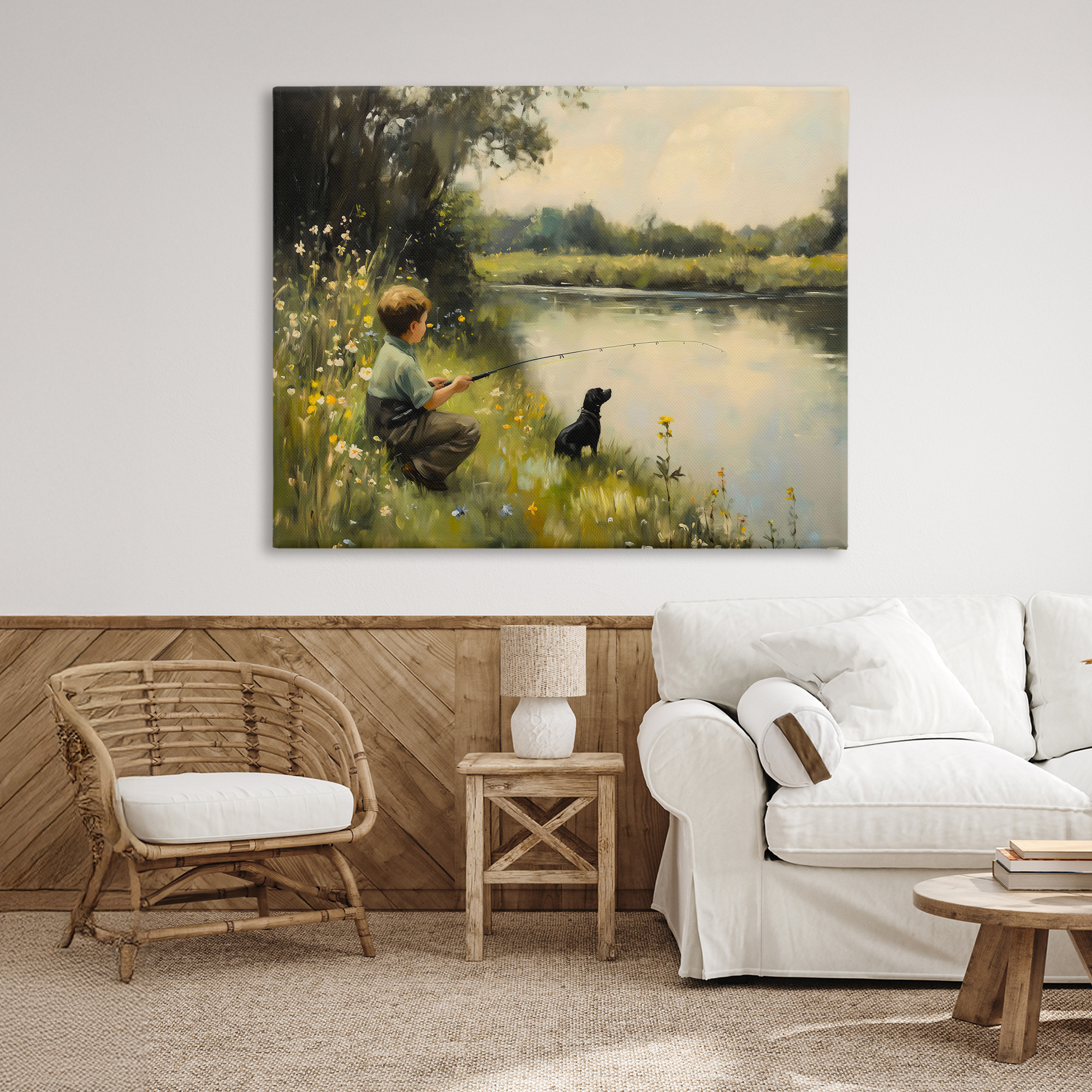 Boy & Puppy Fishing Canvas Wall Art, design by Arlington Prints