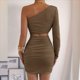 thumbnail image 4 of Vestido Mini de Cóctel con Volantes y Larga para Mujer, Moda 2025, con Hombros Descubiertos y Caderas Estrechas. Café Ligero XS, 4 of 10