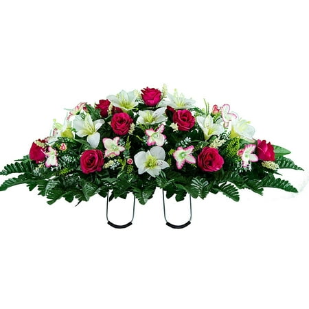 Sympathy Silks Artificial Cemetery Flowers – Realistic Vibrant Roses, Outdoor Grave Decorations - Non-Bleed Colors, and Easy Fit -Pink White Rose (Best Flowers For Graves)