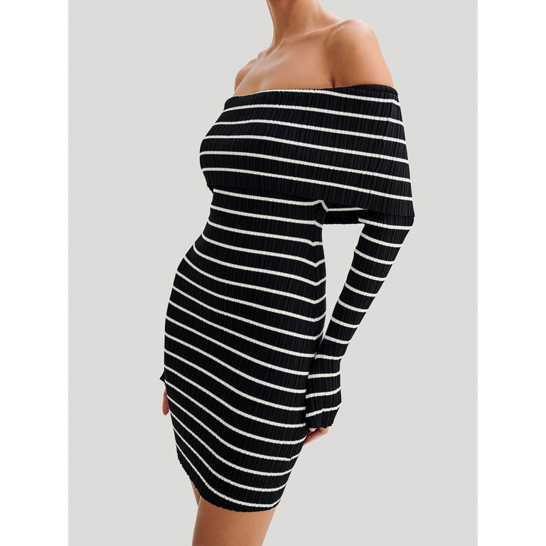 Sexy Stripe Off Shoulder Long Sleeve Slim Bodycon Dress Sexy Stripe Off Shoulder Long Sleeve Slim Bodycon Dress