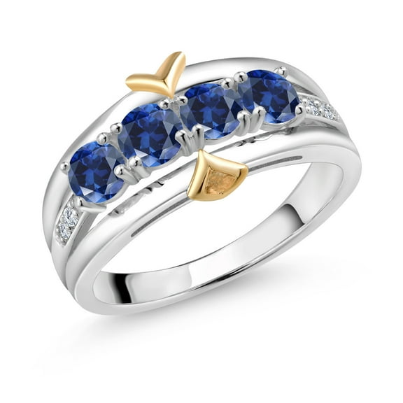 Gem Stone King 925 Silver and 10K Yellow Gold Round Blue Created Sapphire and White Lab Grown Diamond 4-Stone Band Ring for Women (1.05 Cttw, Size 8)
