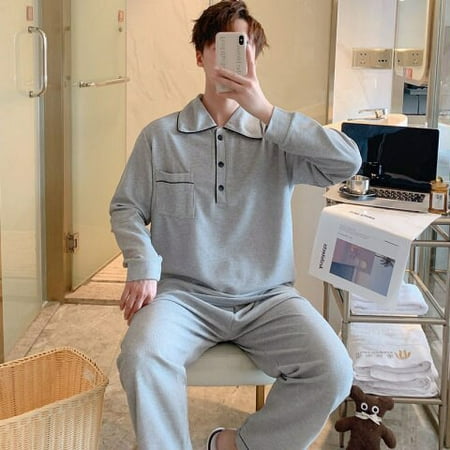 

PIKADINGNIS Mens Pajama Set Autumn Winter Stand Collar Men Sleepwear Long Sleeve Cotton Pajamas for Men Elastic Waist Pant Leisure Homewear