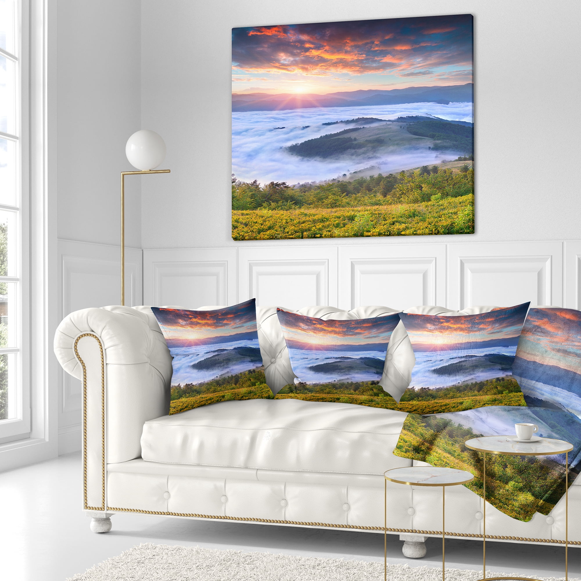 Designart Colorful Sunrise Over Foggy Waters - Landscape Photography Throw Pillow - 16x16
