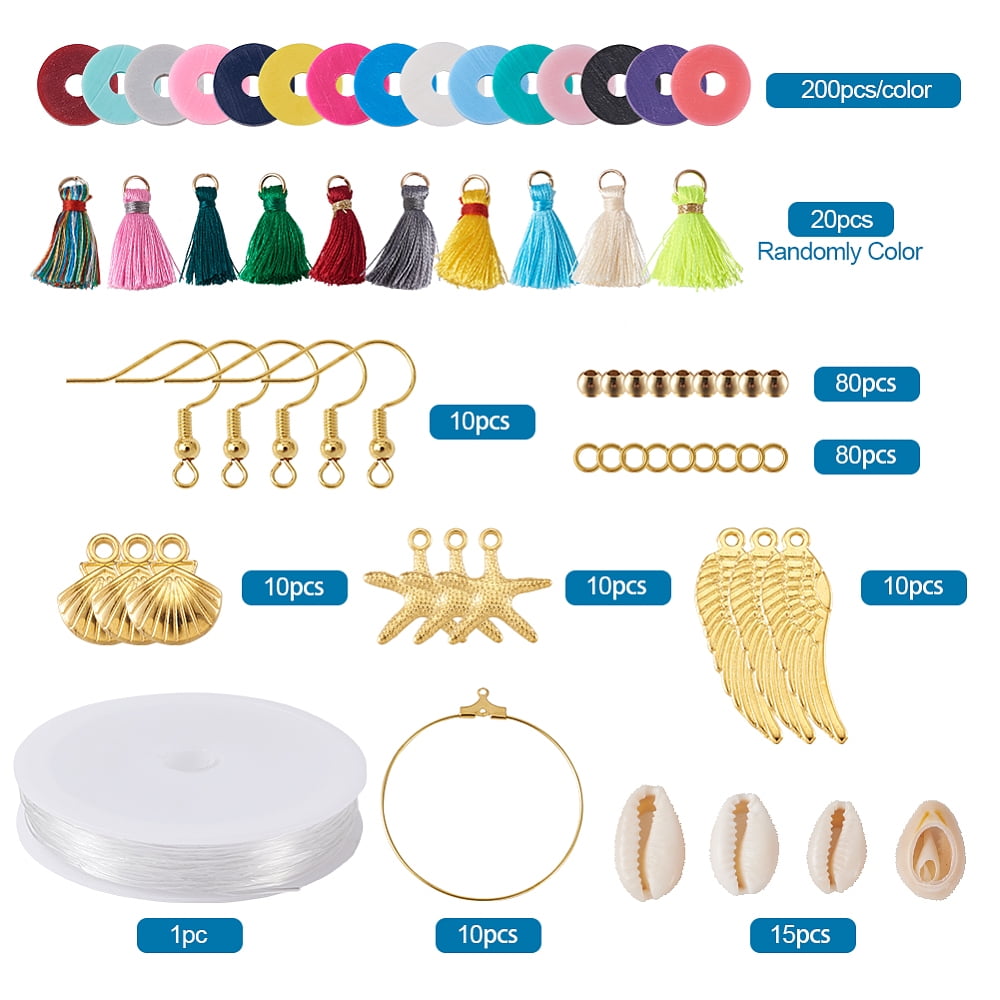 DIY Jewelry Set Making with Handmade Polymer Clay Heishi Beads Cowrie Shell Beads Alloy Pendants Brass Beads & Earring Findings Elastic Crystal Thread Nylon Thread Tassel Pendant 190x130x36mm