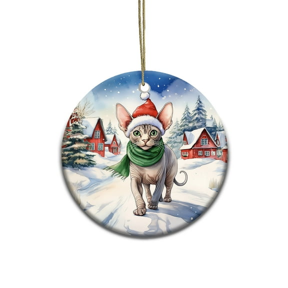 Hello Winter Sphynx Frosty Morning Walk Welcome Snowy Christmas Ceramic Round Ornament Cat Lover Kitten Owner Gifts Idea Home Tree Decor - 02018