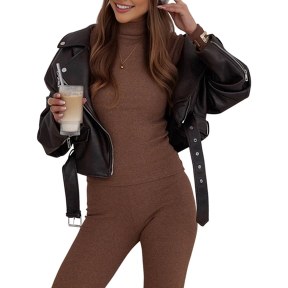 Women'S 2 Piece Knitted Base Layer Sets High Neck Pullover Long Sleeve Top & Leggings Brown S