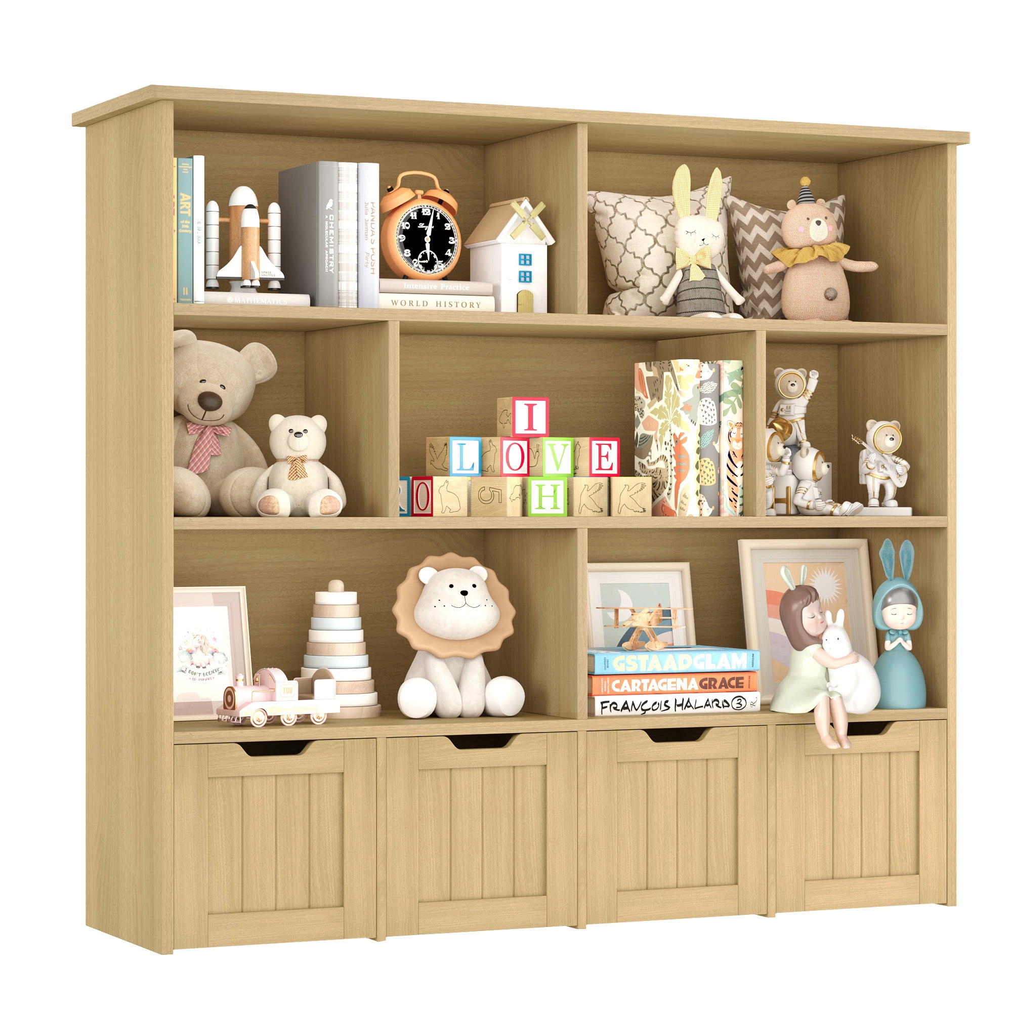 Homfa 7 Cube Toy Storage Organizer, Kids Geometric Bookcase and Bookshelf with 4 Drawers, Natural