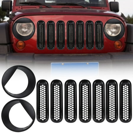 Ejoyous 7pcs Front Grill Inserts Mesh Trim & 2pcs Big Eye Headlight Bezels for Jeep Wrangler JK 07-16 ,Front Grill, Headlight (Best Headlights For Jeep Wrangler Jk)