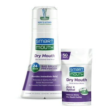 SmartMouth Package with Dry Mouth Activated Mouthwash - 16 Fl Oz, Soothing Mint & Dry Mouth Dual-Action Mints - 50 Count, Mellow Mint