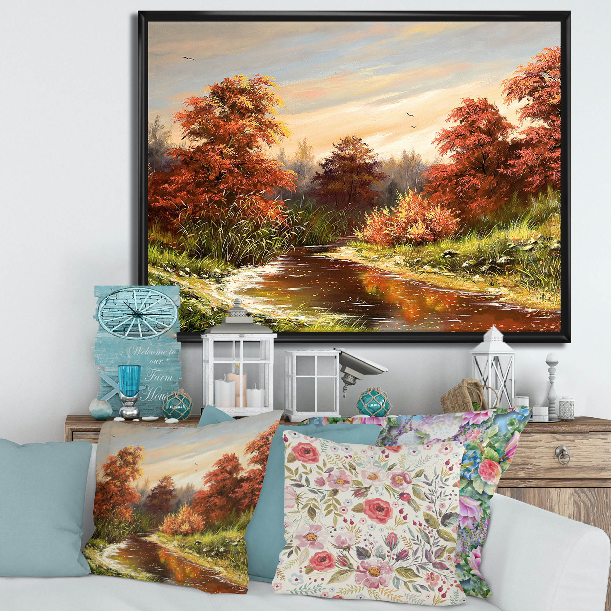 Designart 'The Wood River On A Decline In An Orange Autum Summer' Lake House Framed Canvas Wall Art Print