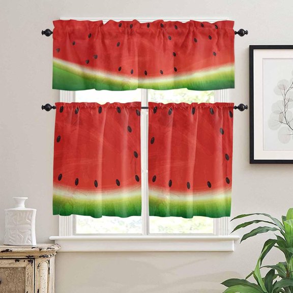 Kitchen Curtains Set, Summer Watermelon Kitchen Curtains and Valances Set, Red Green Fruits Watercolor Rod Pocket Tier Curtains 24 Inch Length for Cafe/Bedroom Windows