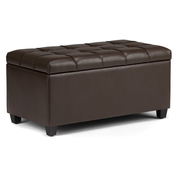 Simpli Home Sienna 33 inch Wide Transitional Storage Ottoman Bench in Chocolate Brown Vegan Leather