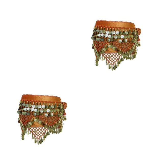 Cadena de cintura para danza del vientre Minnieouse lentejuelas de cinco capas borlas moneda bufanda a la cadera Naranja 2Conjunto