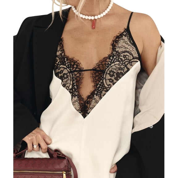 Lace Camis Tops for Women Spaghetti Strap Satin Silk V Neck Tank Top Y2K Going Out Shirt Tops White L
