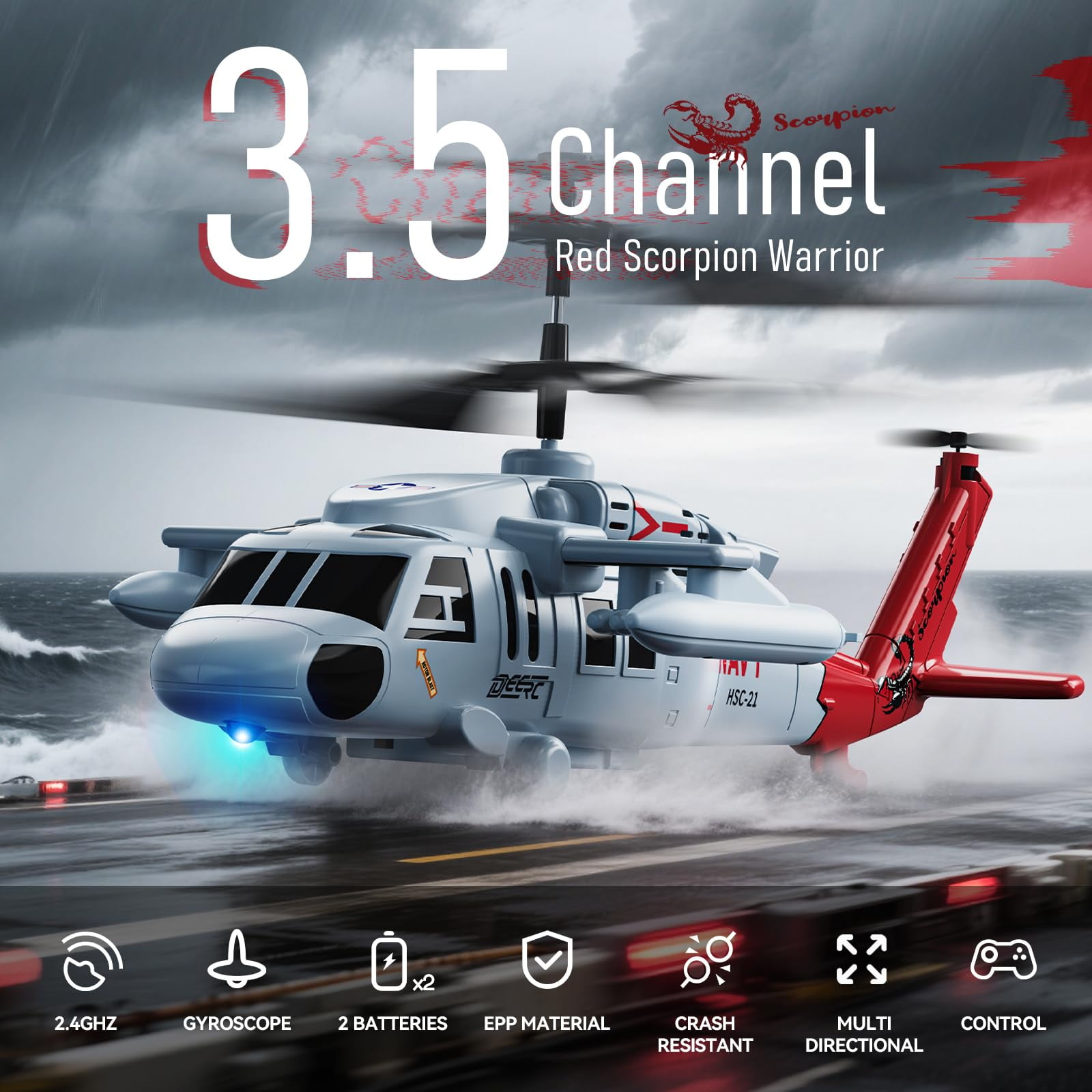 DEERC Black Hawk RC Helicopter for Kids, 2.4GHz Remote Control Helicopter for Adults, 26 Mins Flight, LED Lights, Altitude Hold, One-Key Take Off, Indoor Friendly, Helicopters Toy for Boys 8-12 Boys