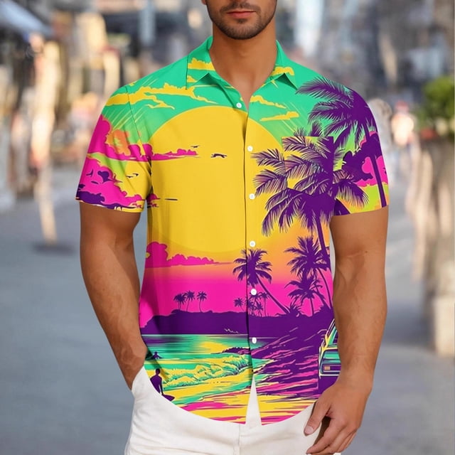 Blusa y camisa de manga corta con cuello vuelto para hombre, blusa informal de moda con cuello vuelto, blusa estampada de manga corta con botones, blusa de poliéster para hombre