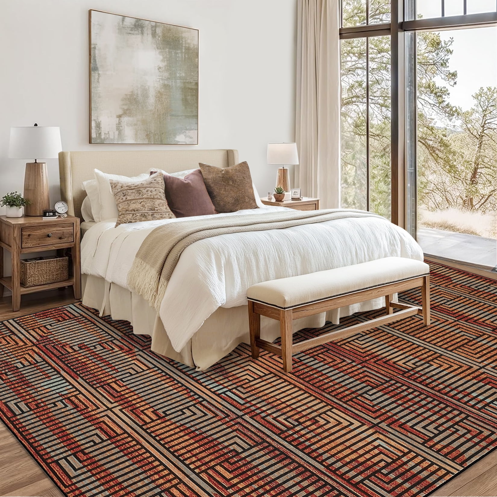 Outdoor Rug, 10x13ft Bordered Modern Area Rugs for Indoor and Outdoor Patios, Porches Waterproof Washable Porch Deck Outside Carpet