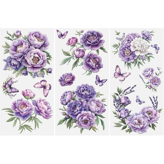 Flowers Rub on Transfer Stickers, 3 Sheets Peony Theme Furniture Transfer Sticker Decals Purple Floral Decals for Crafts Decor Wood Drawer Cabinet Ceramic