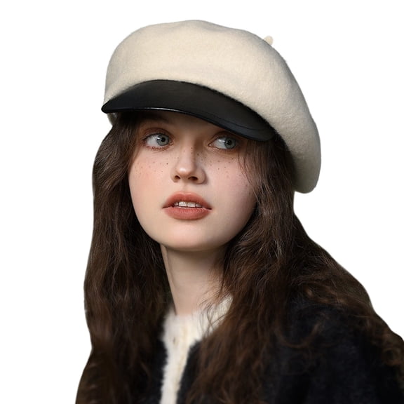 lnmuld Wool Newsboy Cap Faux Leather Brim Baker Boy Hat for Women Size:One Size