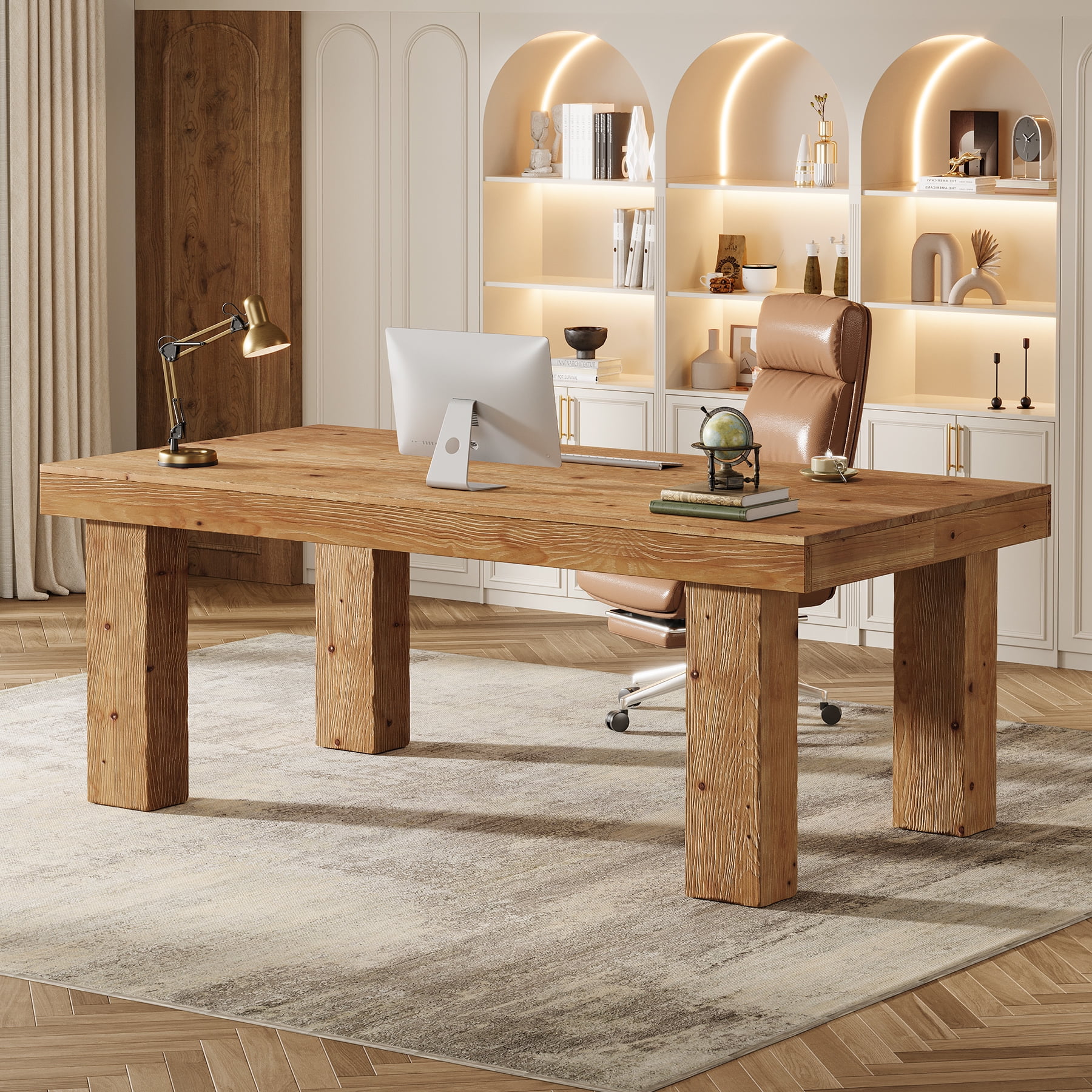 Finmind 63" Solid Wood Executive Desk, Mondern Large Writing Office Table for Home Office, Brown