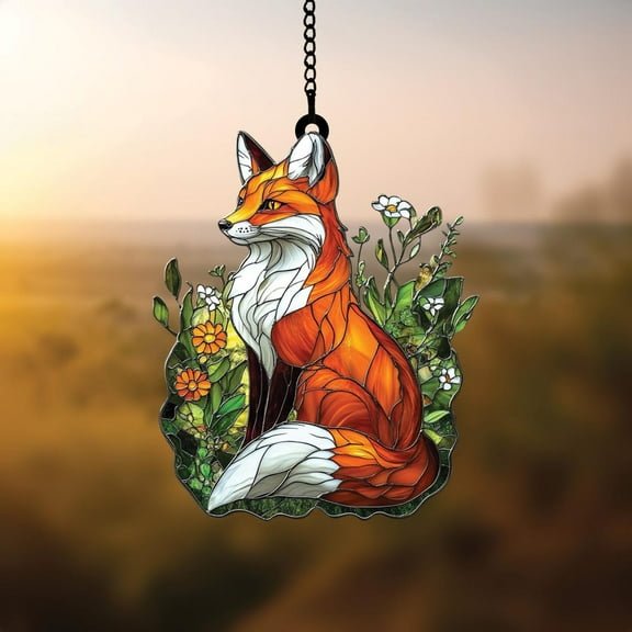 Fox Acrylic Suncatcher Faux Stained Glass Window Hanging with Garden Flowers Gift for Woodland Animal and Nature Inspired Home Décor