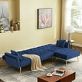 thumbnail image 2 of 110.2" Accent Sofa, Modern Velvet Upholstered Reversible Sectional Sofa Bed, L-Shaped Sofa Couch with Movable Ottoman and Nailhead Trim, Convertible Folding Sofa Bed, for Compact Spaces, Blue, 2 of 7