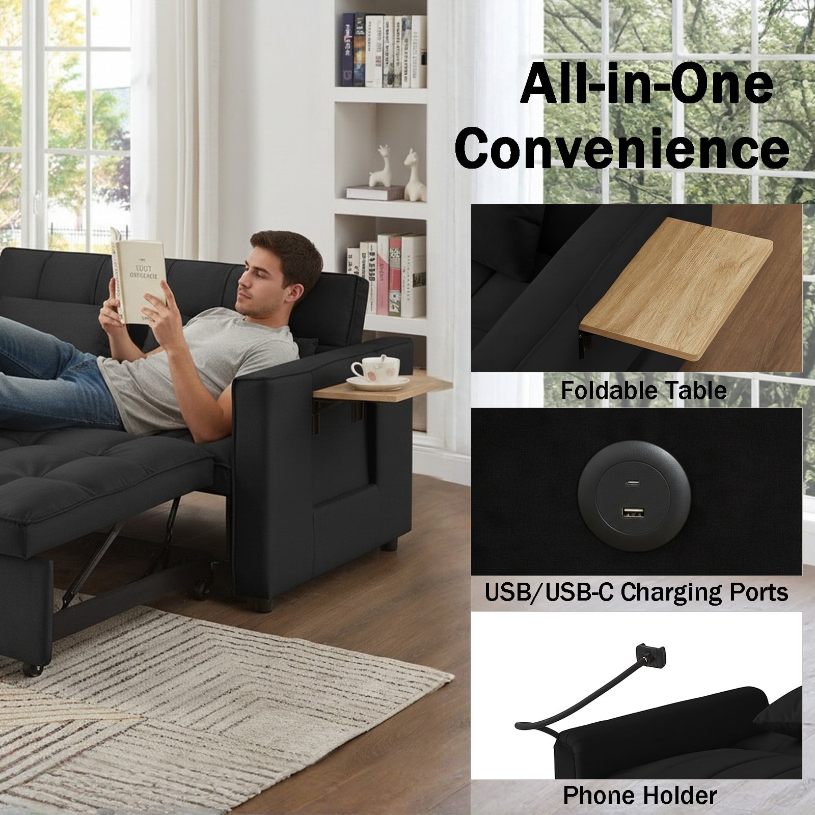 Pull Out Sofa Bed,Full-Size Sleeper Sofa,Velvet Convertible Loveseat Counch with Side Strong Pocket,Multi-Function 2-Seater Sofa Bed with Wheels for Living Room Apartment Guest Room,Black