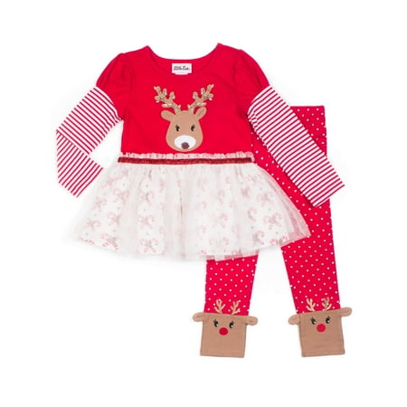 Little Lass Holiday Christmas Reindeer Tutu With Leggings, 2-Piece Outfit Set (Little Girls)