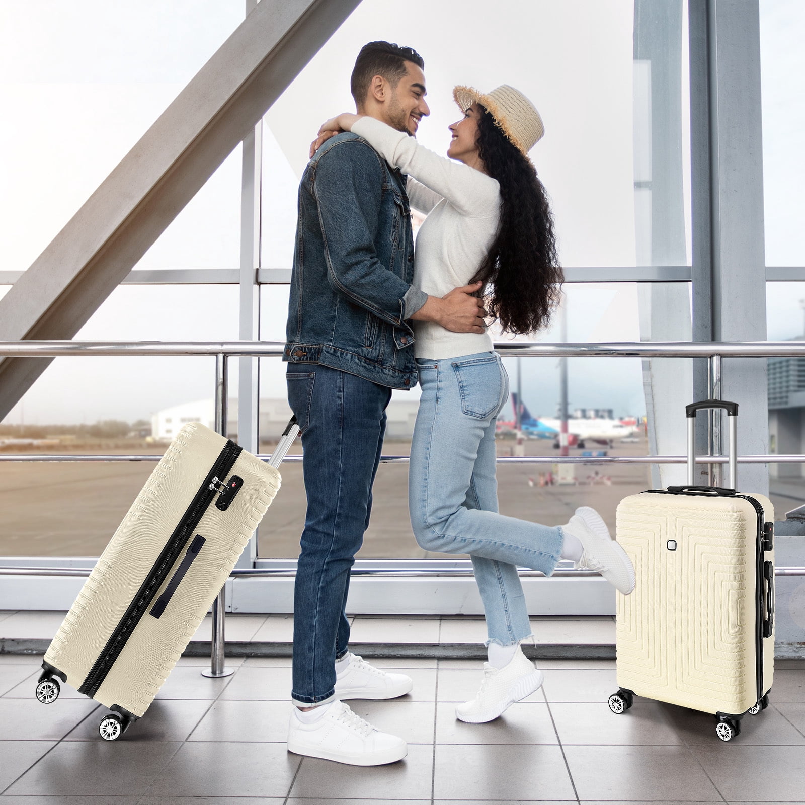 SANOPY 5 Piece Luggage Set(20/24/28) , Hardside Lightweight ABS+PC Suitcase Set with Expandable Duffel Bag + Toiletry Bag, Spinner Wheels and TSA Lock, Beige